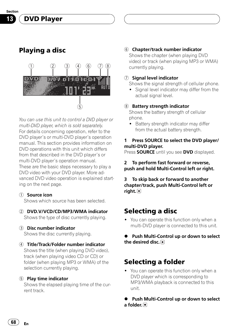 Playing a disc, Selecting a disc, Selecting a folder | Dvd player | Pioneer DEH-P70BT User Manual | Page 68 / 199