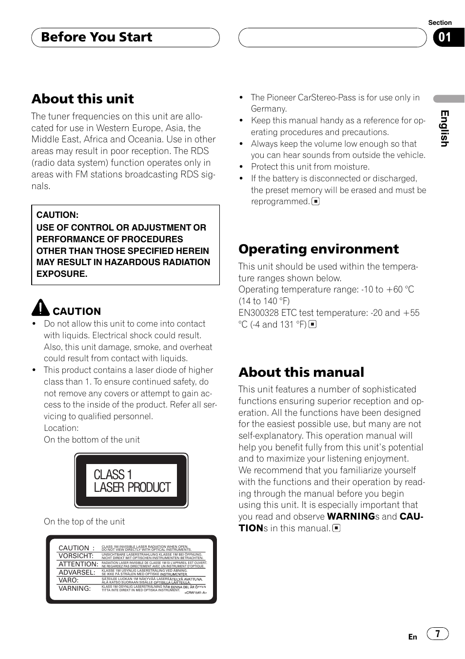 About this unit, Operating environment, About this manual | Before you start, Class 1 laser product, English | Pioneer DEH-P70BT User Manual | Page 7 / 199