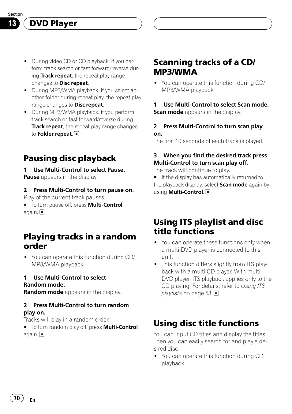 Using disc title functions 70, Pausing disc playback, Playing tracks in a random order | Scanning tracks of a cd/ mp3/wma, Using its playlist and disc title functions, Using disc title functions, Dvd player | Pioneer DEH-P70BT User Manual | Page 70 / 199