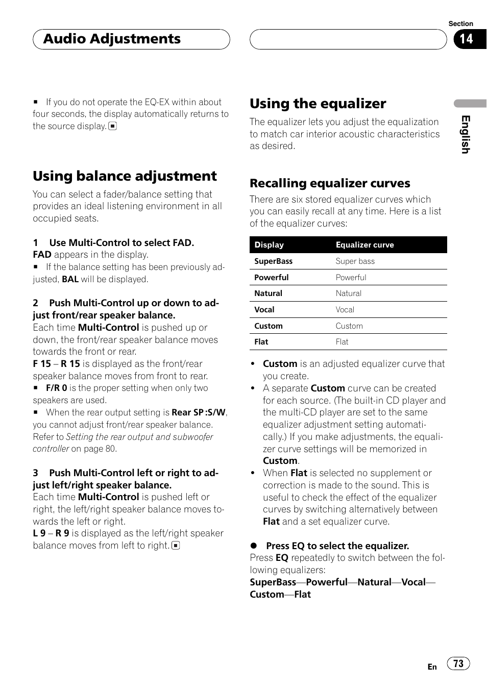 Using balance adjustment 73 using the equalizer 73, Recalling equalizer curves 73, Using balance adjustment | Using the equalizer, Audio adjustments, Recalling equalizer curves | Pioneer DEH-P70BT User Manual | Page 73 / 199