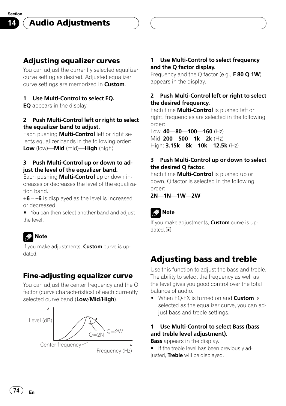 Adjusting equalizer curves 74, Fine-adjusting equalizer curve 74, Adjusting bass and treble 74 | Adjusting bass and treble, Audio adjustments, Adjusting equalizer curves, Fine-adjusting equalizer curve | Pioneer DEH-P70BT User Manual | Page 74 / 199
