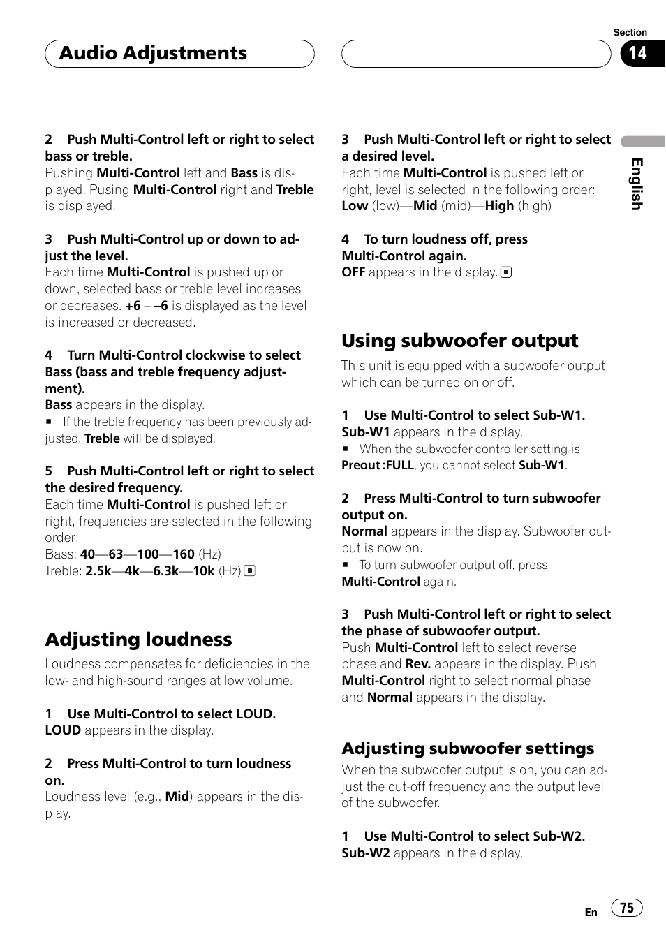 Adjusting loudness 75 using subwoofer output 75, Adjusting subwoofer settings 75, Adjusting loudness | Using subwoofer output, Audio adjustments, Adjusting subwoofer settings | Pioneer DEH-P70BT User Manual | Page 75 / 199