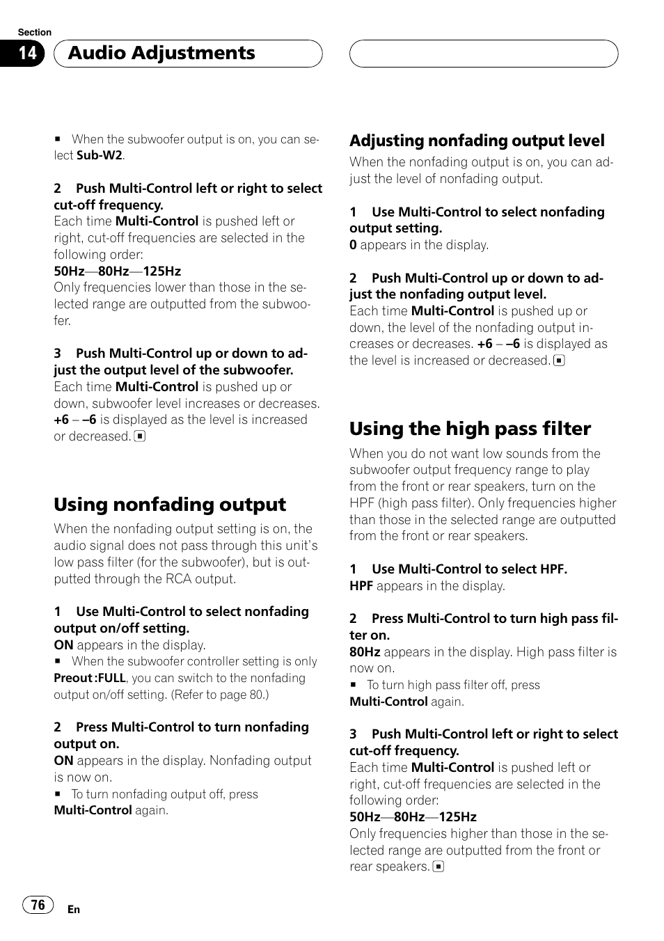 Using nonfading output 76, Adjusting nonfading output level 76, Using the high pass filter 76 | Using nonfading output, Using the high pass filter, Audio adjustments, Adjusting nonfading output level | Pioneer DEH-P70BT User Manual | Page 76 / 199