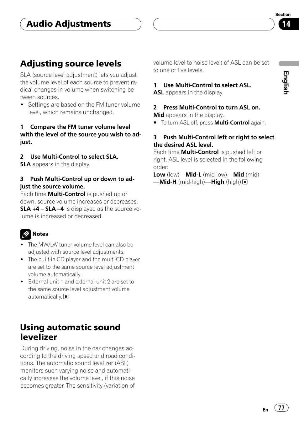 Adjusting source levels, Using automatic sound levelizer, Audio adjustments | Pioneer DEH-P70BT User Manual | Page 77 / 199