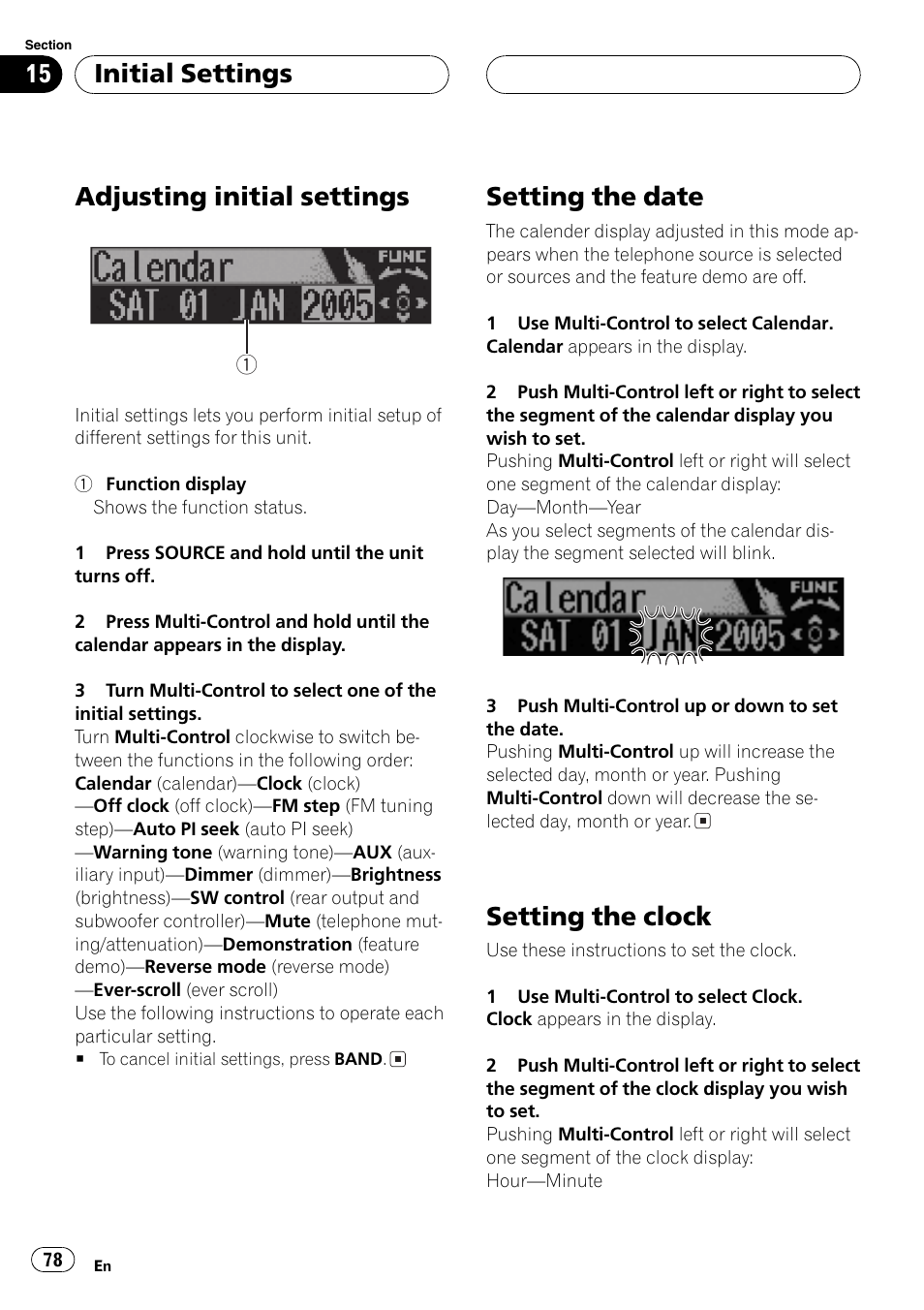 Initial, Settings, Adjusting initial settings | Setting the date, Setting the clock, Initial settings | Pioneer DEH-P70BT User Manual | Page 78 / 199
