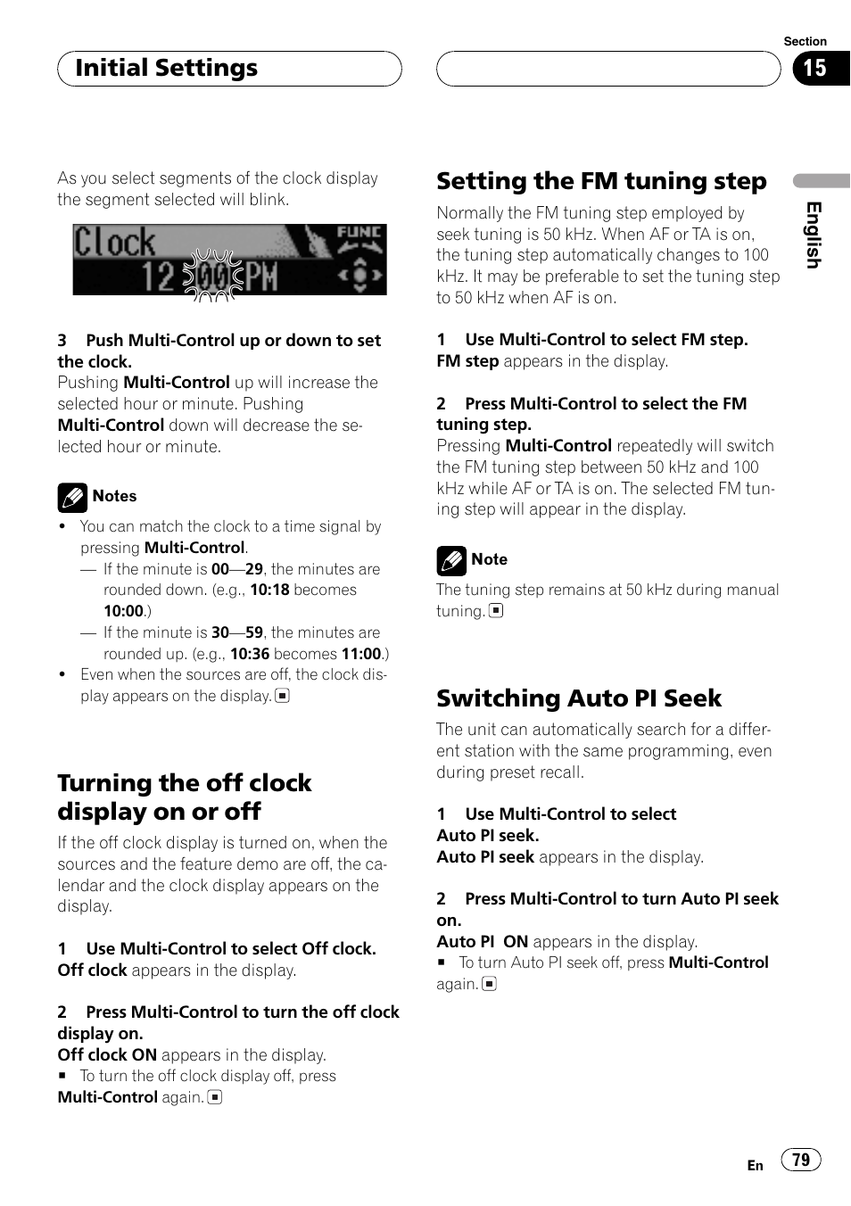 Turning the off clock display on or off, Setting the fm tuning step, Switching auto pi seek | Initial settings | Pioneer DEH-P70BT User Manual | Page 79 / 199