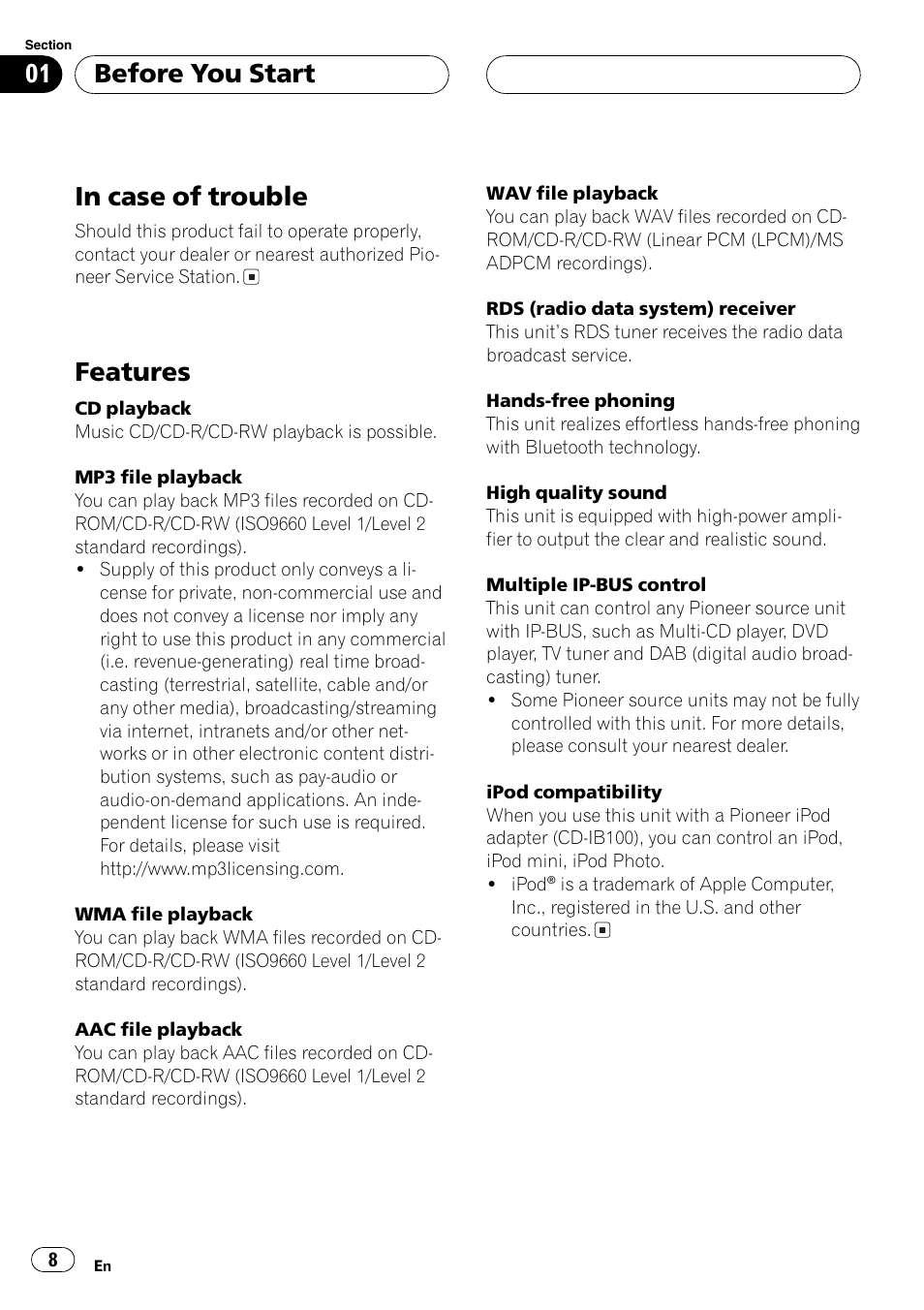 In case of trouble 8 features 8, Features, Before you start | Pioneer DEH-P70BT User Manual | Page 8 / 199