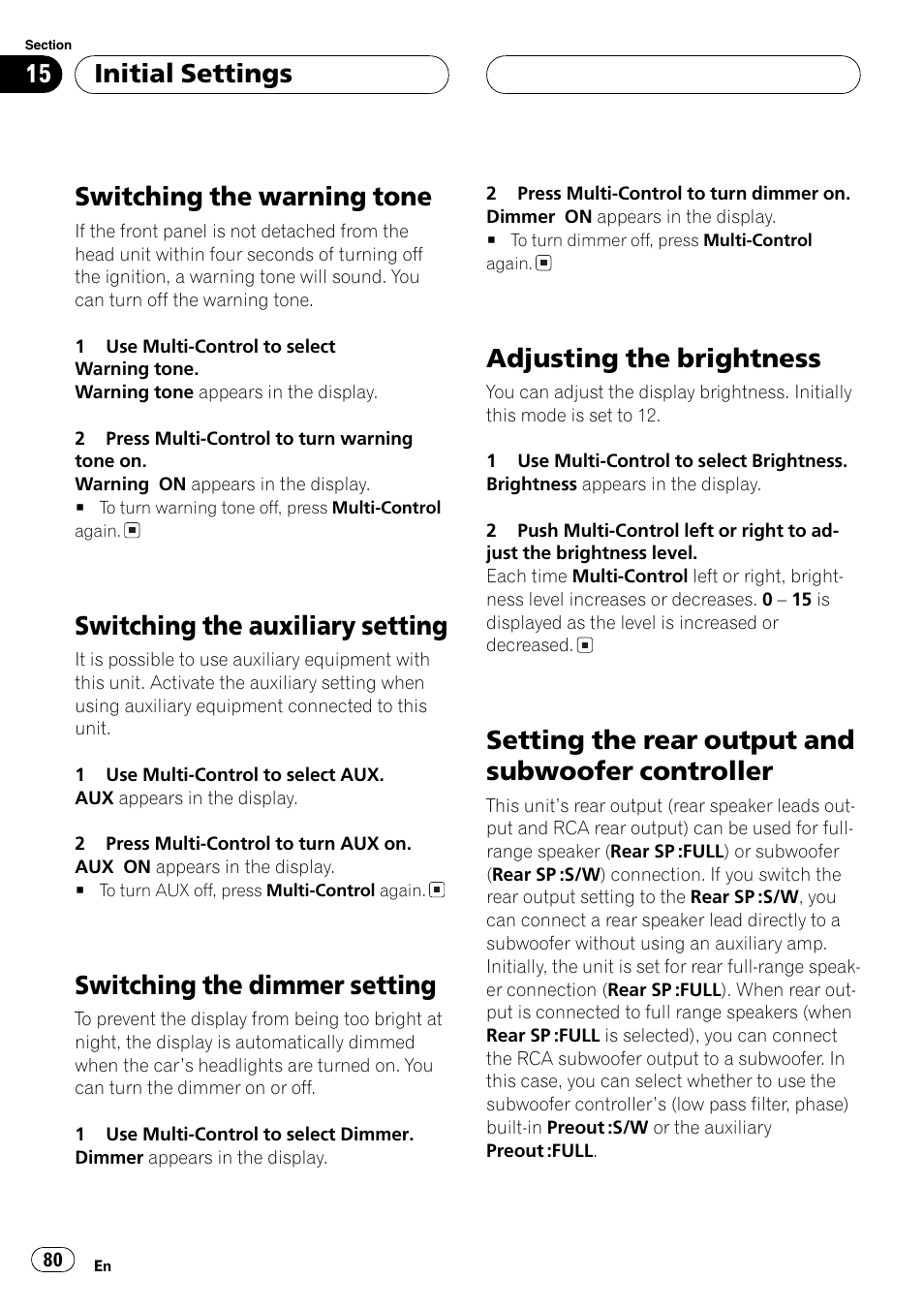 Controller 80, Switching the warning tone, Switching the auxiliary setting | Switching the dimmer setting, Adjusting the brightness, Setting the rear output and subwoofer controller, Initial settings | Pioneer DEH-P70BT User Manual | Page 80 / 199