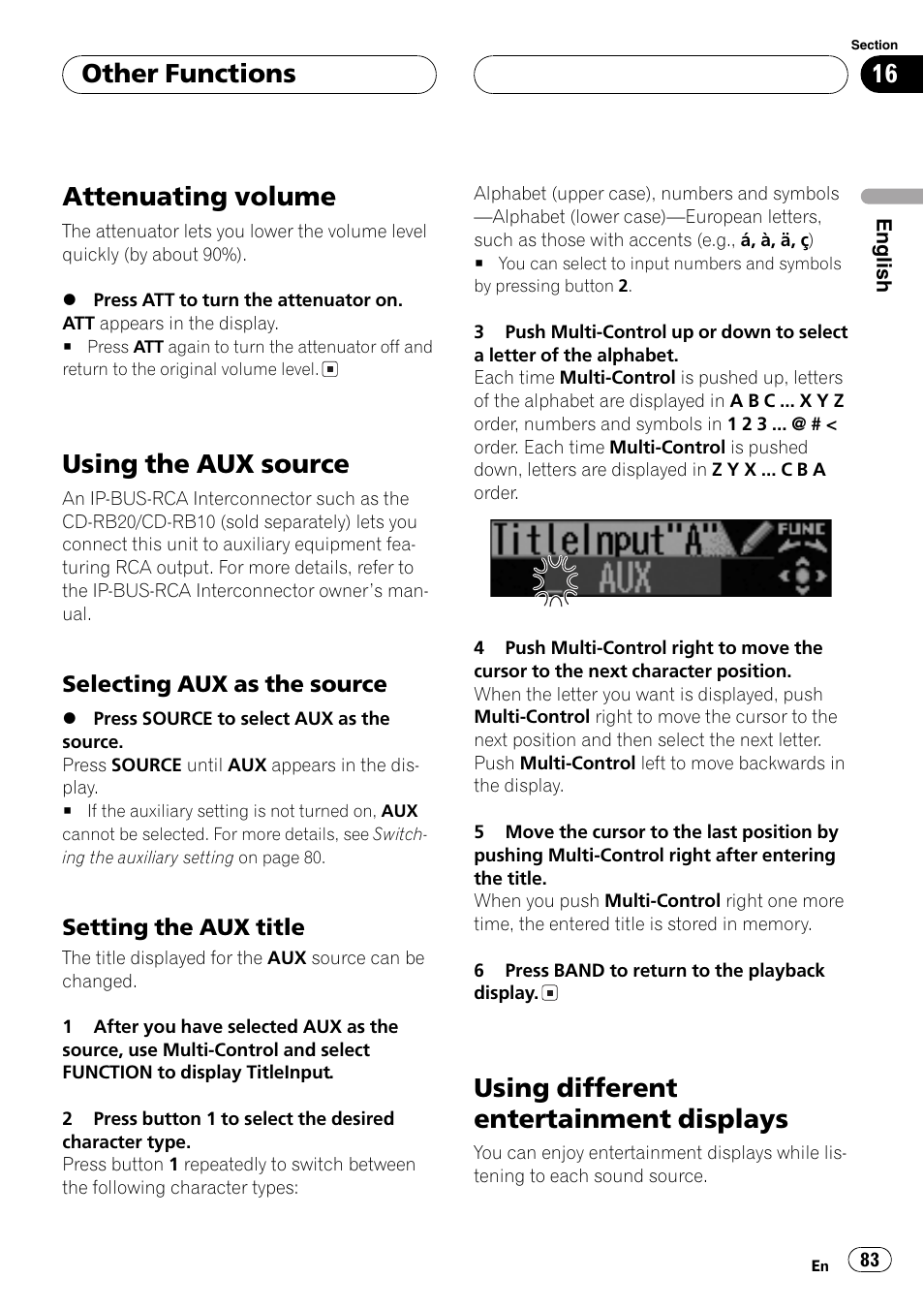Selecting aux as the source 83, Setting the aux title 83, Using different entertainment displays 83 | Attenuating volume, Using the aux source, Using different entertainment displays, Other functions | Pioneer DEH-P70BT User Manual | Page 83 / 199