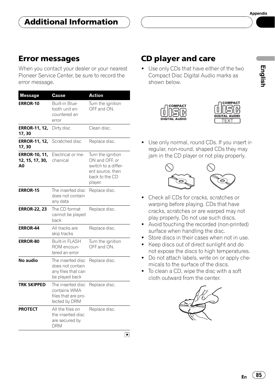 Error messages, Cd player and care, Additional information | English | Pioneer DEH-P70BT User Manual | Page 85 / 199