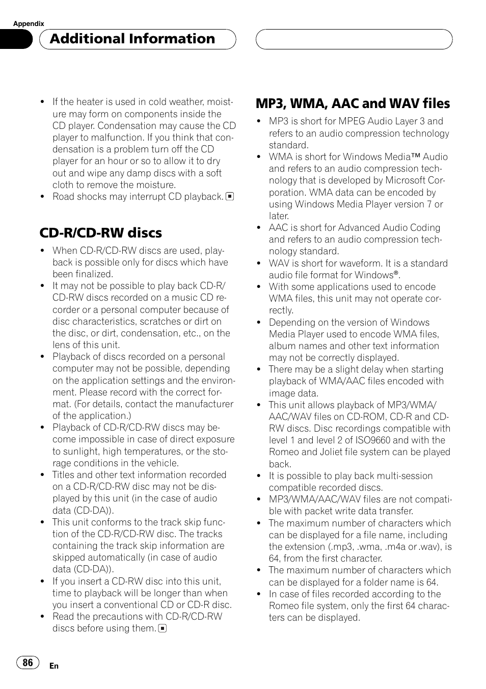 Cd-r/cd-rw discs 86 mp3, wma, aac and wav files 86, Cd-r/cd-rw discs, Mp3, wma, aac and wav files | Additional information | Pioneer DEH-P70BT User Manual | Page 86 / 199