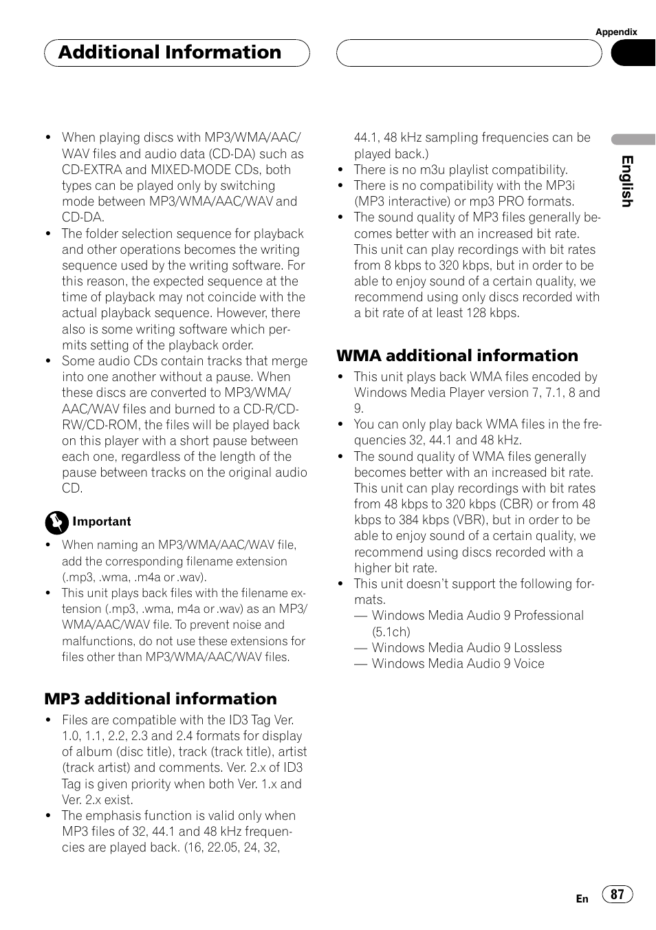 Mp3 additional information 87, Wma additional information 87, Additional information | Mp3additional information, Wma additional information | Pioneer DEH-P70BT User Manual | Page 87 / 199