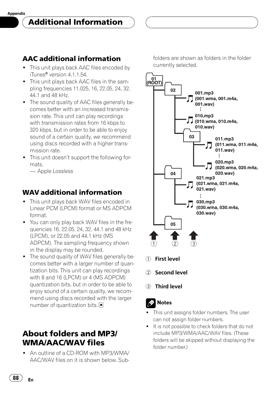Aac additional information 88, Wav additional information 88, About folders and mp3/wma/aac/wav | Files 88, About folders and mp3/ wma/aac/wav files, Additional information, Aac additional information, Wav additional information | Pioneer DEH-P70BT User Manual | Page 88 / 199