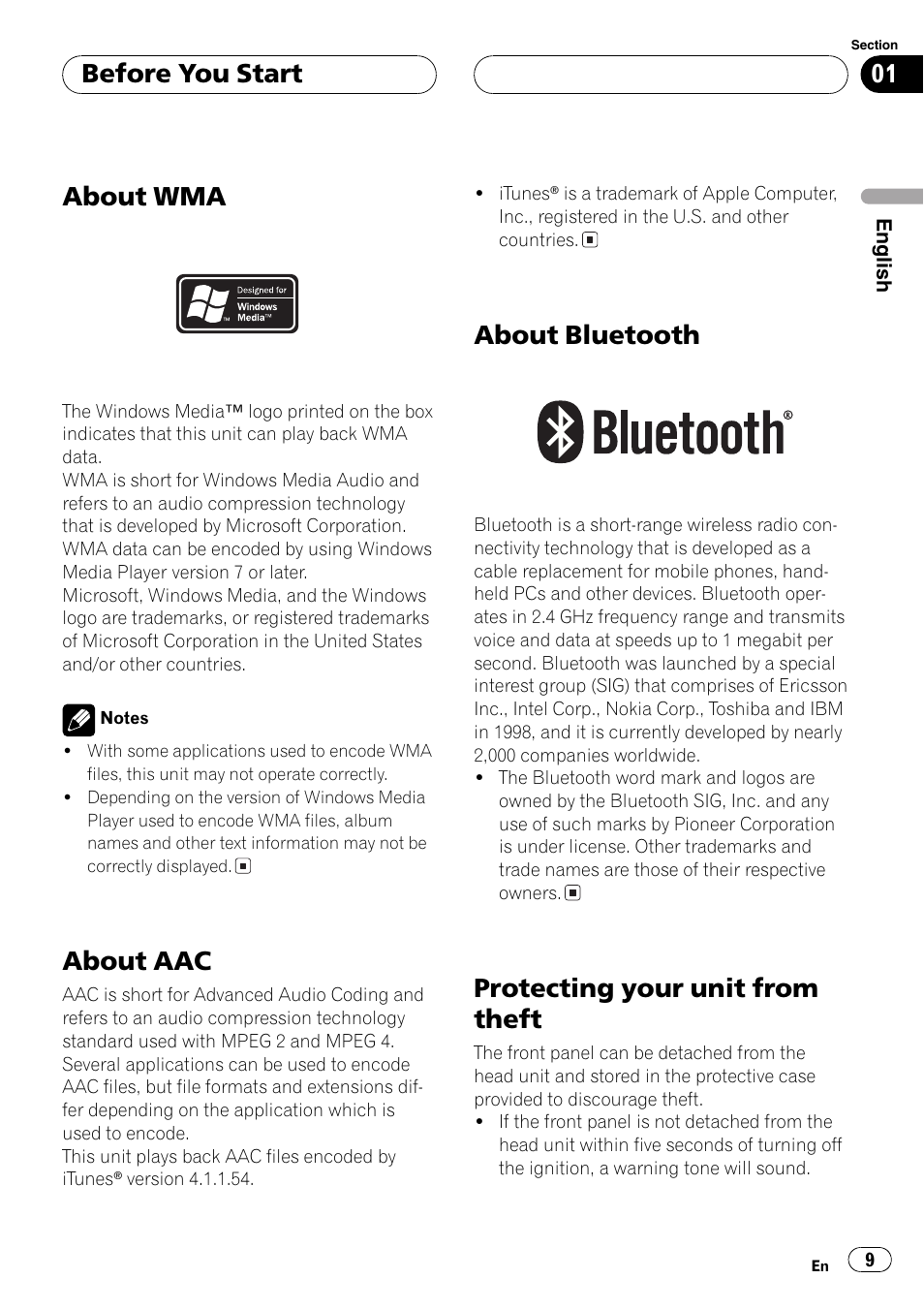 About wma, About aac, About bluetooth | Protecting your unit from theft, Before you start | Pioneer DEH-P70BT User Manual | Page 9 / 199