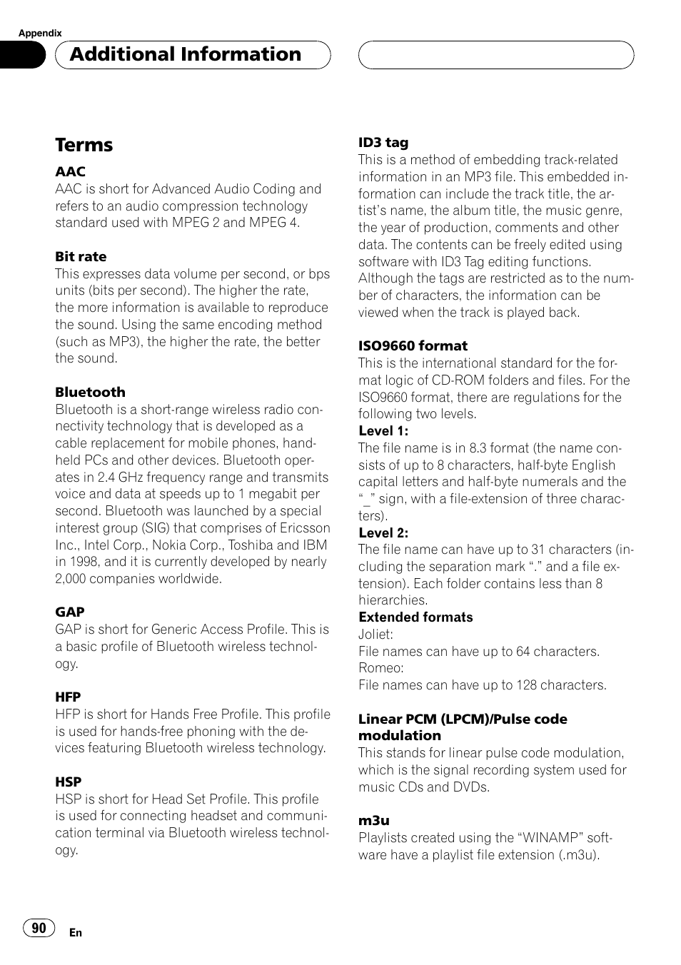 Terms 90, Terms, Additional information | Pioneer DEH-P70BT User Manual | Page 90 / 199