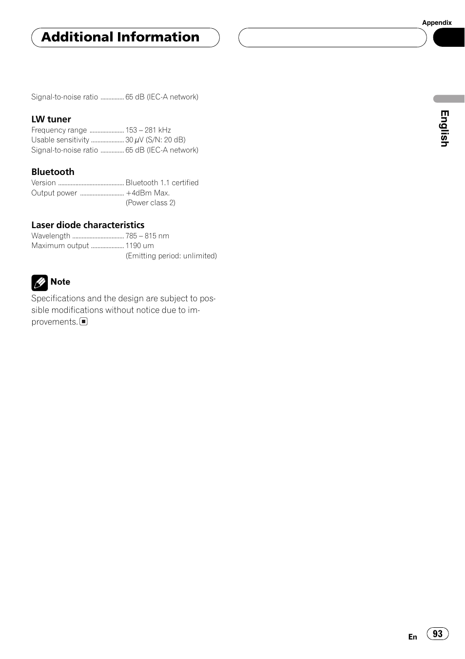 Additional information, English | Pioneer DEH-P70BT User Manual | Page 93 / 199