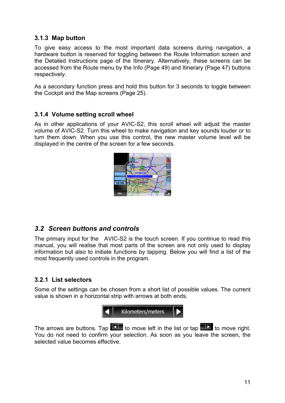 Map button, Volume setting scroll wheel, Screen buttons and controls | List selectors, 3 map, Button, 4 volume, Setting, Scroll wheel, 2 screen | Pioneer AVIC-S2 RU User Manual | Page 11 / 84