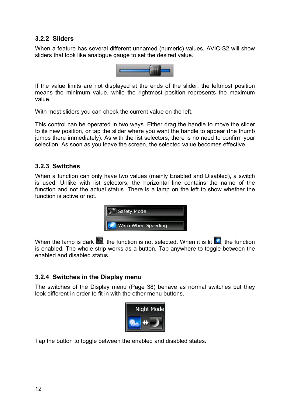Sliders, Switches, Switches in the display menu | 2 sliders 3.2.3 switches 3.2.4 | Pioneer AVIC-S2 RU User Manual | Page 12 / 84
