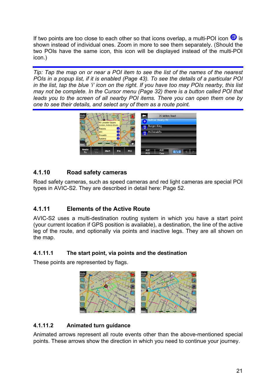 Road safety cameras, Elements of the active route, The start point, via points and the destination | Animated turn guidance, 10 road, Safety cameras, 11 elements of the active route, Turn guidance | Pioneer AVIC-S2 RU User Manual | Page 21 / 84