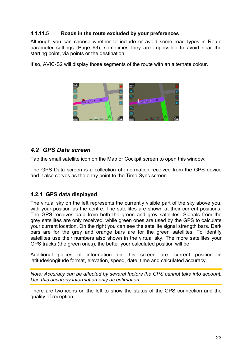 Roads in the route excluded by your preferences, Gps data screen, Gps data displayed | 5 roads in the route excluded by your preferences, 2 gps, Data screen | Pioneer AVIC-S2 RU User Manual | Page 23 / 84