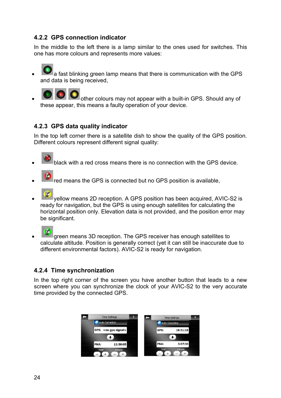 Gps connection indicator, Gps data quality indicator, Time synchronization | 2 gps, Connection indicator, 4 time, Synchronization | Pioneer AVIC-S2 RU User Manual | Page 24 / 84