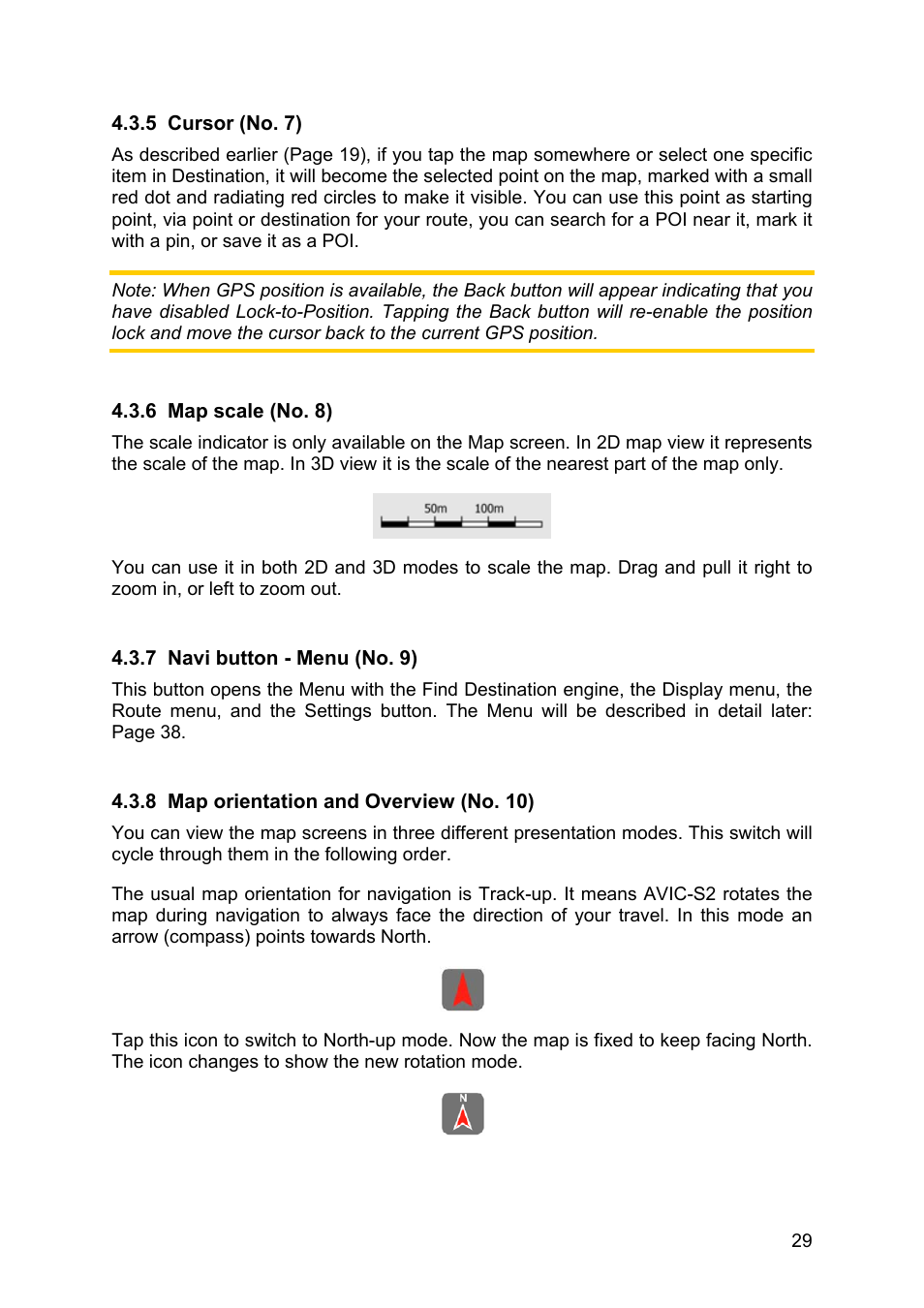 Cursor (no. 7), Map scale (no. 8), Navi button - menu (no. 9) | Map orientation and overview (no. 10), 5 cursor, No. 7), 6 map, Scale, No. 8) | Pioneer AVIC-S2 RU User Manual | Page 29 / 84