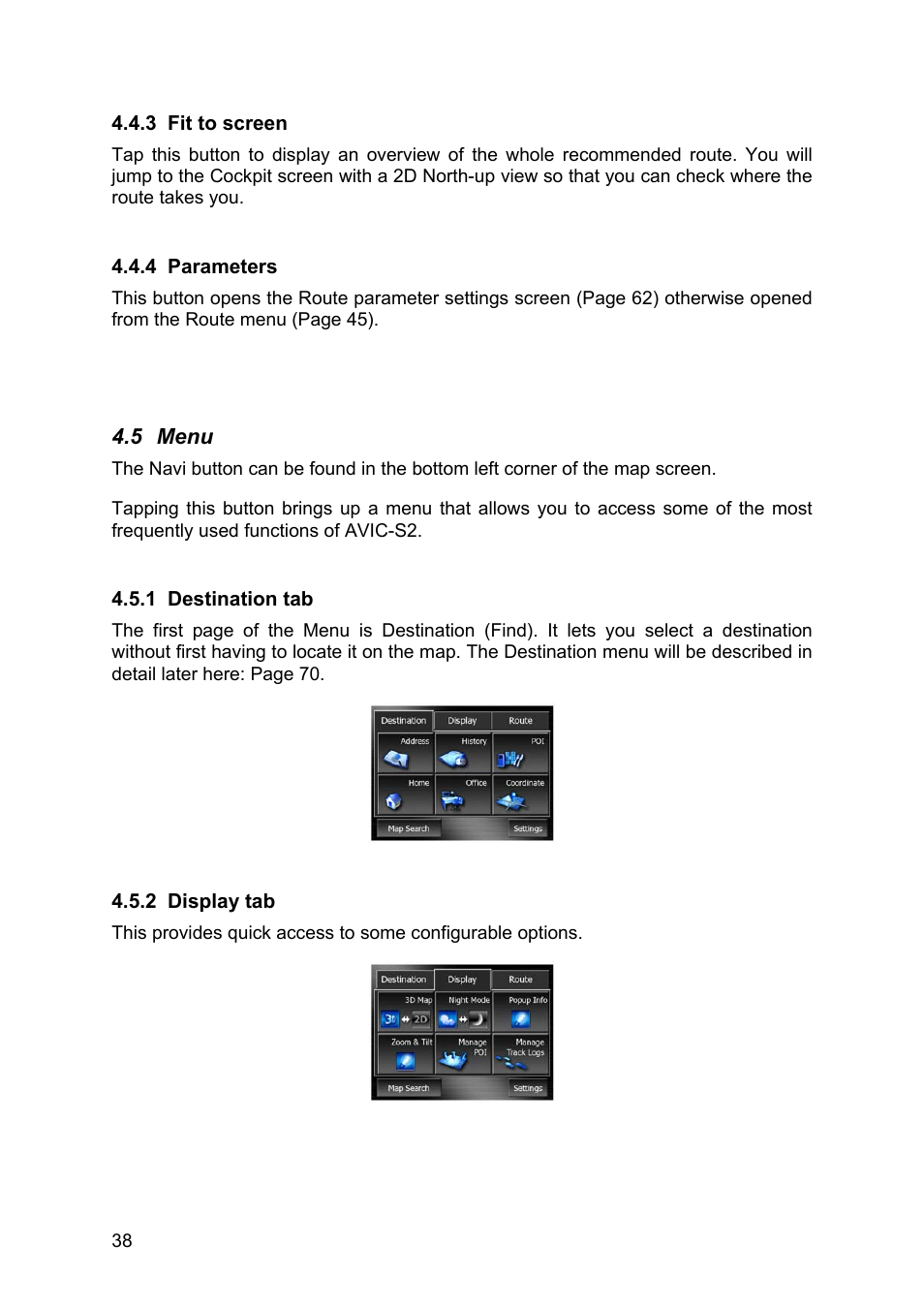 Fit to screen, Parameters, Menu | Destination tab, Display tab, 3 fit, Screen, 4 parameters, 5 menu, 1 destination tab 4.5.2 display tab | Pioneer AVIC-S2 RU User Manual | Page 38 / 84