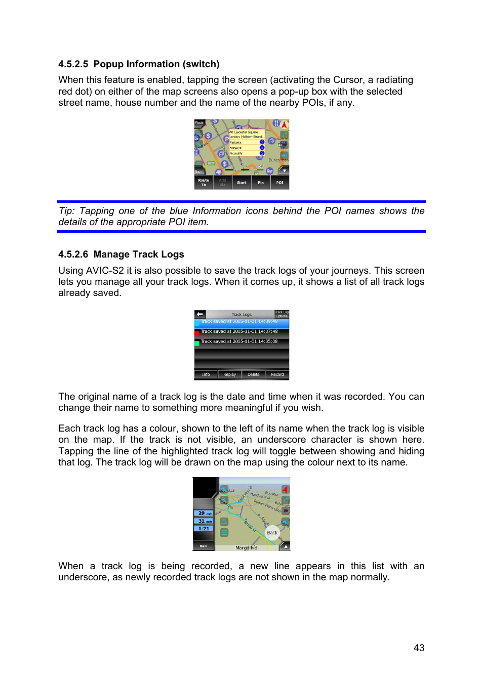 Popup information (switch), Manage track logs, 5 popup | Information (switch), 6 manage, Track logs | Pioneer AVIC-S2 RU User Manual | Page 43 / 84