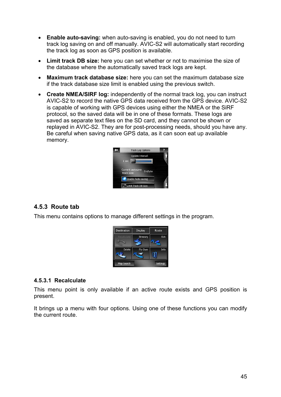 Route tab, Recalculate, 3 route | 1 recalculate | Pioneer AVIC-S2 RU User Manual | Page 45 / 84