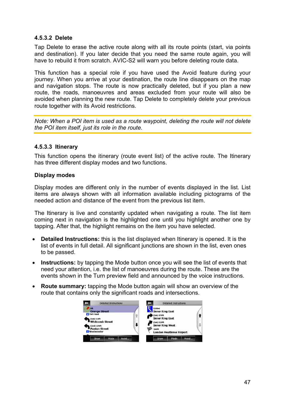 Delete, Itinerary, 2 delete 4.5.3.3 itinerary | Pioneer AVIC-S2 RU User Manual | Page 47 / 84