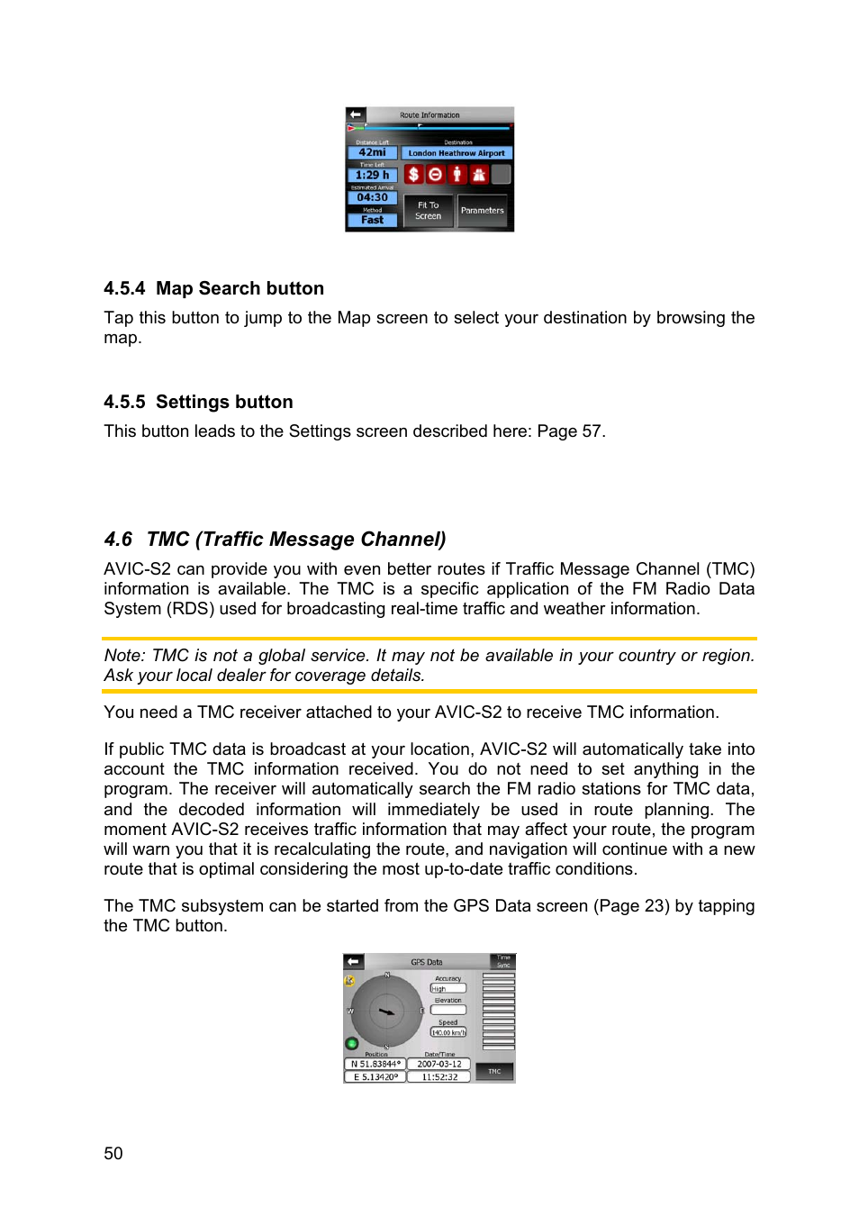 Map search button, Settings button, Tmc (traffic message channel) | 4 map, Search button, 5 settings, Button | Pioneer AVIC-S2 RU User Manual | Page 50 / 84