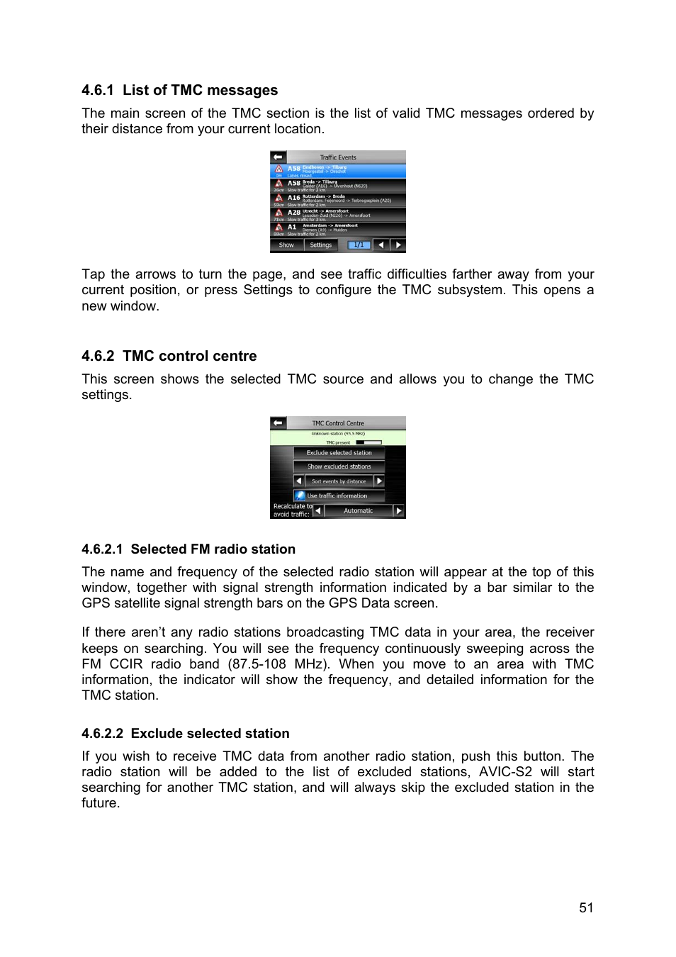 List of tmc messages, Tmc control centre, Selected fm radio station | Exclude selected station, 1 list, Tmc messages, 2 tmc, Control centre, 1 selected, Radio station | Pioneer AVIC-S2 RU User Manual | Page 51 / 84