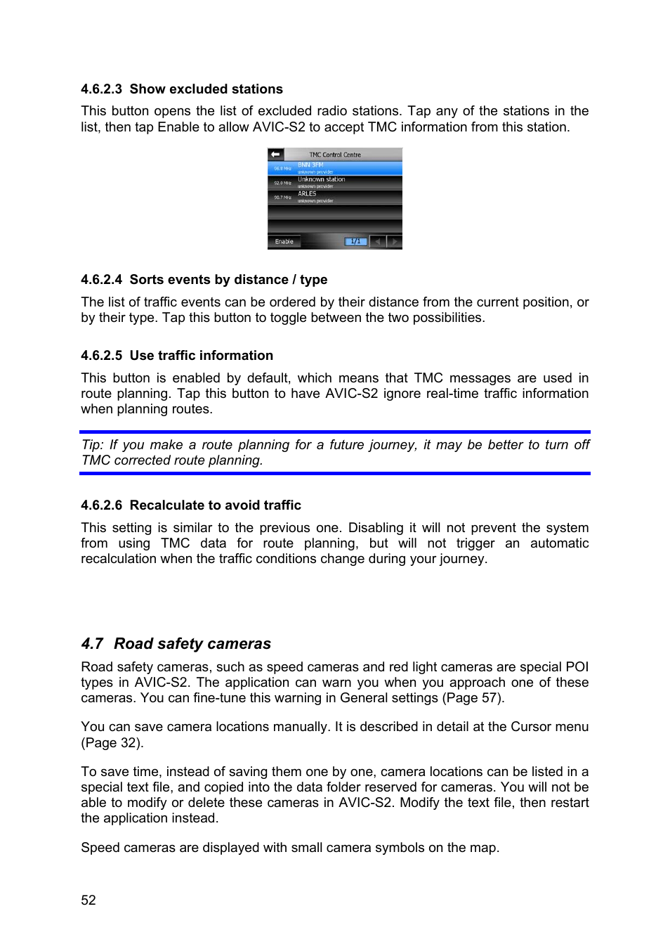 Show excluded stations, Sorts events by distance / type, Use traffic information | Recalculate to avoid traffic, Road safety cameras, 3 show, Excluded stations, 4 sorts events by distance / type 4.6.2.5 use, Traffic information, 6 recalculate | Pioneer AVIC-S2 RU User Manual | Page 52 / 84