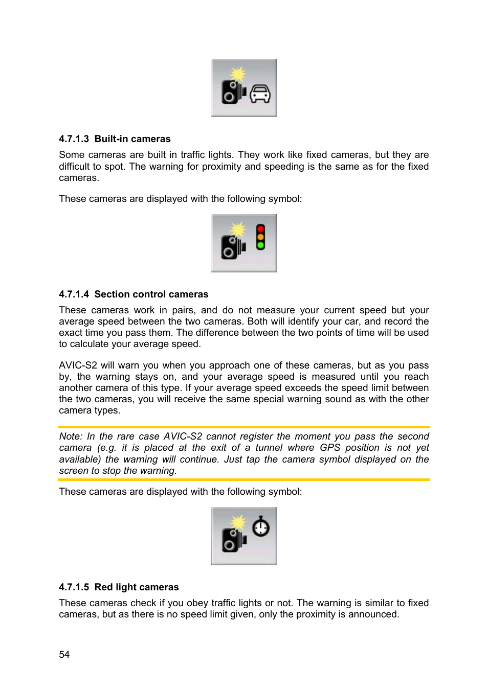 Built-in cameras, Section control cameras, Red light cameras | 3 built-in, Cameras, 4 section, Control cameras, 5 red, Light cameras | Pioneer AVIC-S2 RU User Manual | Page 54 / 84