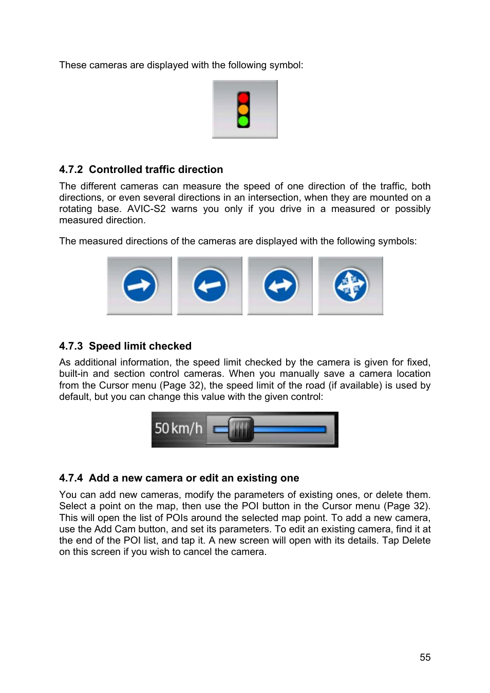 Controlled traffic direction, Speed limit checked, Add a new camera or edit an existing one | 2 controlled, Traffic direction, 3 speed, Limit, Checked | Pioneer AVIC-S2 RU User Manual | Page 55 / 84