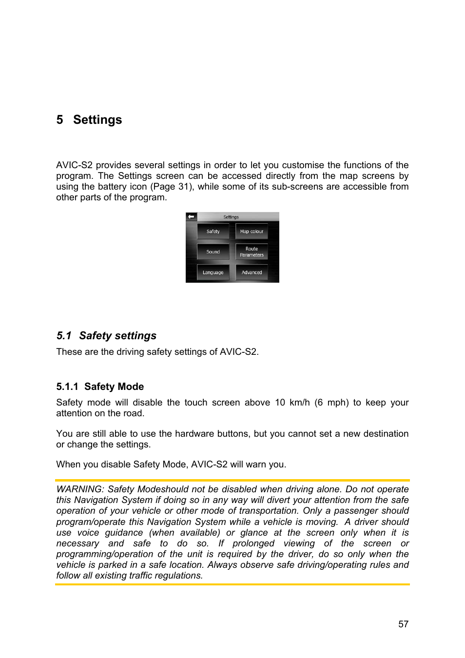 Settings, Safety settings, Safety mode | 5 settings, 1 safety, 1 safety mode | Pioneer AVIC-S2 RU User Manual | Page 57 / 84