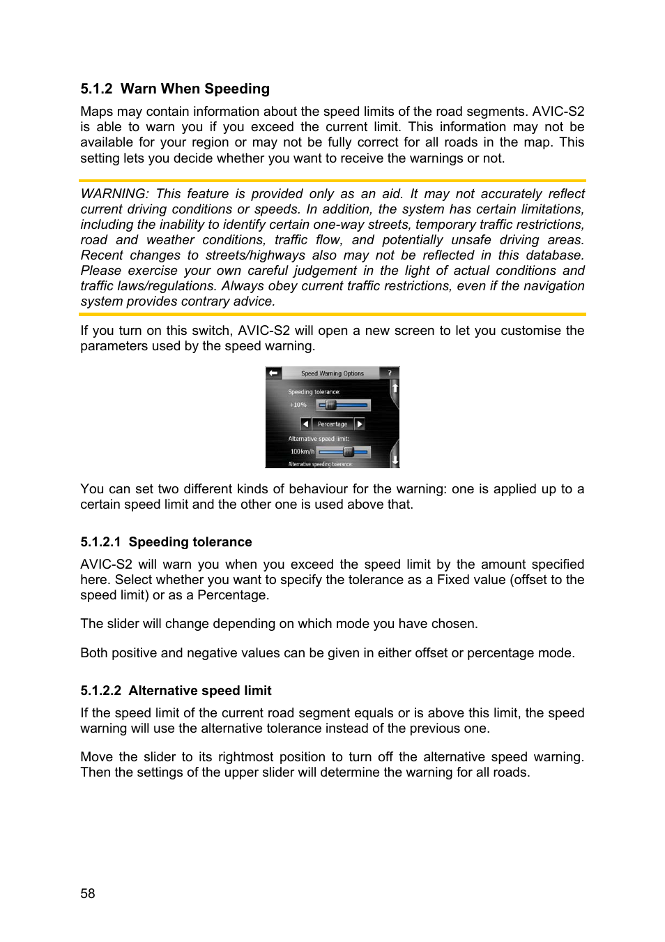 Warn when speeding, Speeding tolerance, Alternative speed limit | 2 warn, When, Speeding, 1 speeding, Tolerance, 2 alternative speed limit | Pioneer AVIC-S2 RU User Manual | Page 58 / 84