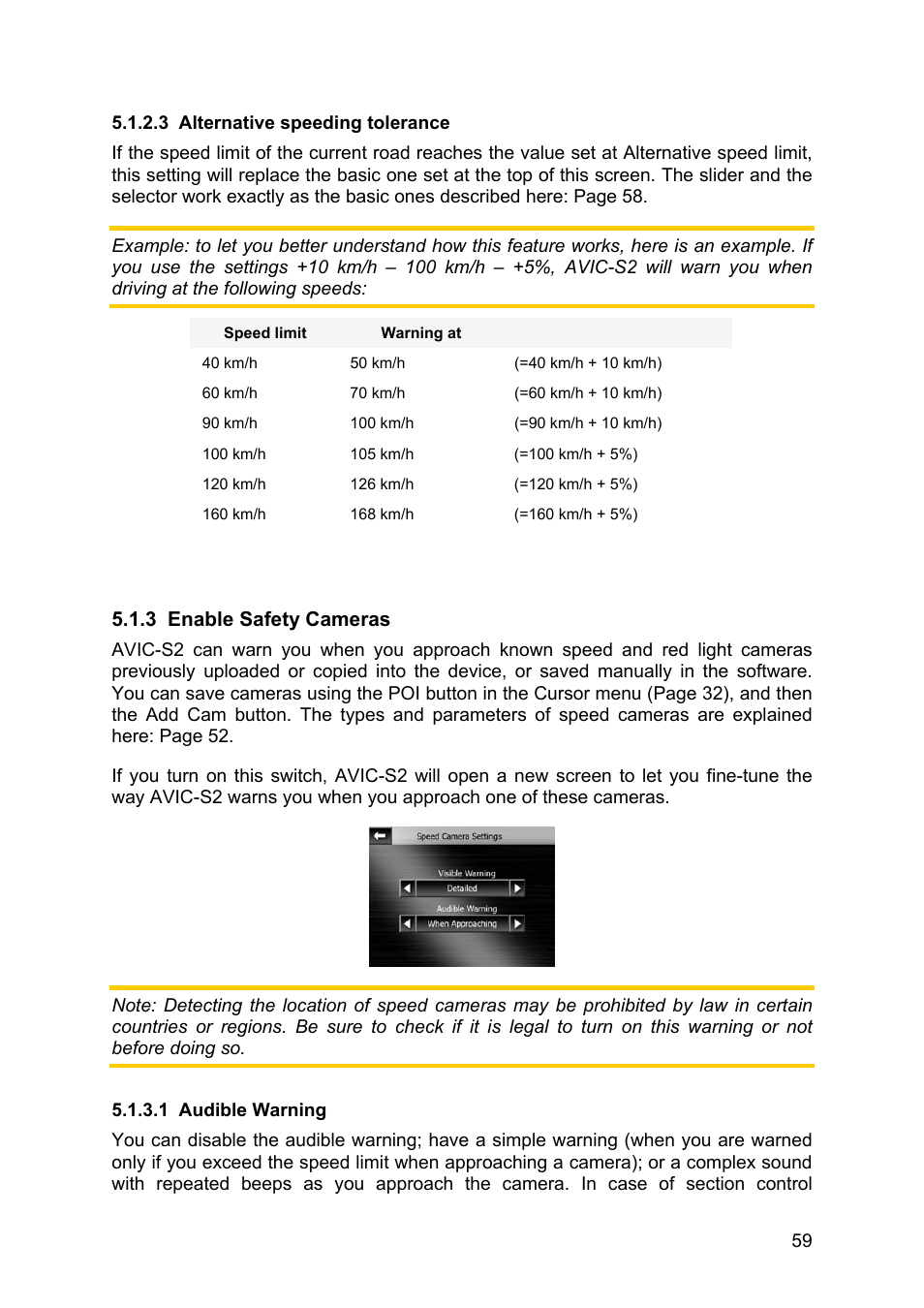 Alternative speeding tolerance, Enable safety cameras, Audible warning | 3 alternative, Speeding tolerance, 3 enable, Safety cameras, 1 audible, Warning | Pioneer AVIC-S2 RU User Manual | Page 59 / 84