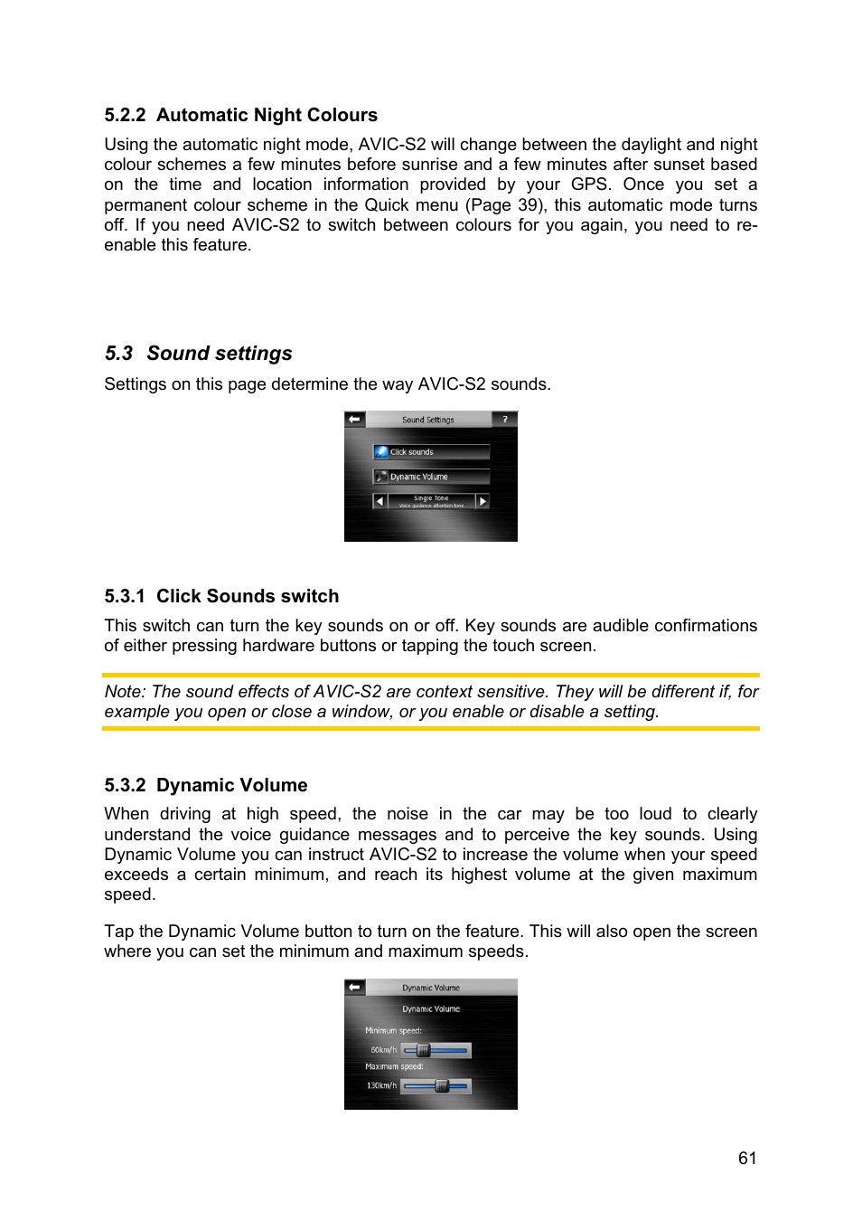 Automatic night colours, Sound settings, Click sounds switch | Dynamic volume, 2 automatic, Night colours, 3 sound, Settings, 1 click, Sounds switch | Pioneer AVIC-S2 RU User Manual | Page 61 / 84