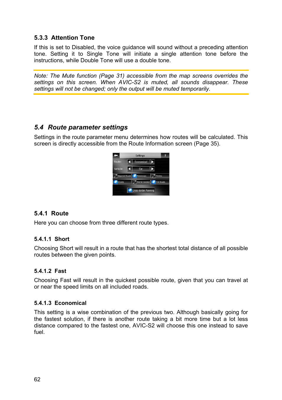 Attention tone, Route parameter settings, Route | Short, Fast, Economical, 3 attention tone, 4 route, Parameter settings, 1 route | Pioneer AVIC-S2 RU User Manual | Page 62 / 84