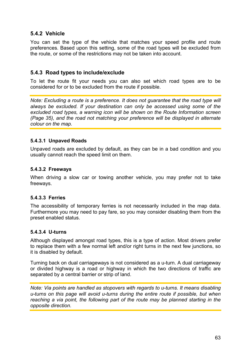 Vehicle, Road types to include/exclude, Unpaved roads | Freeways, Ferries, U-turns, 2 vehicle 5.4.3 | Pioneer AVIC-S2 RU User Manual | Page 63 / 84