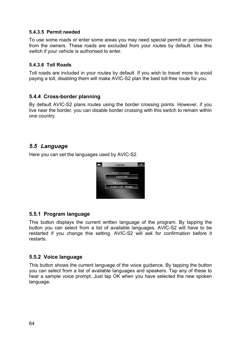 Permit needed, Toll roads, Cross-border planning | Language, Program language, Voice language, 5 permit needed 5.4.3.6 toll, Roads, 4 cross-border planning, 5 language | Pioneer AVIC-S2 RU User Manual | Page 64 / 84