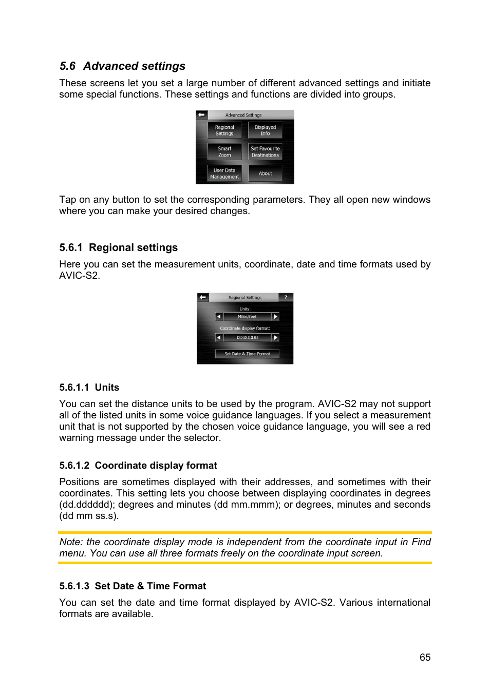 Advanced settings, Regional settings, Units | Coordinate display format, Set date & time format, 6 advanced, Settings, 1 regional, 1 units 5.6.1.2 coordinate, Display format | Pioneer AVIC-S2 RU User Manual | Page 65 / 84