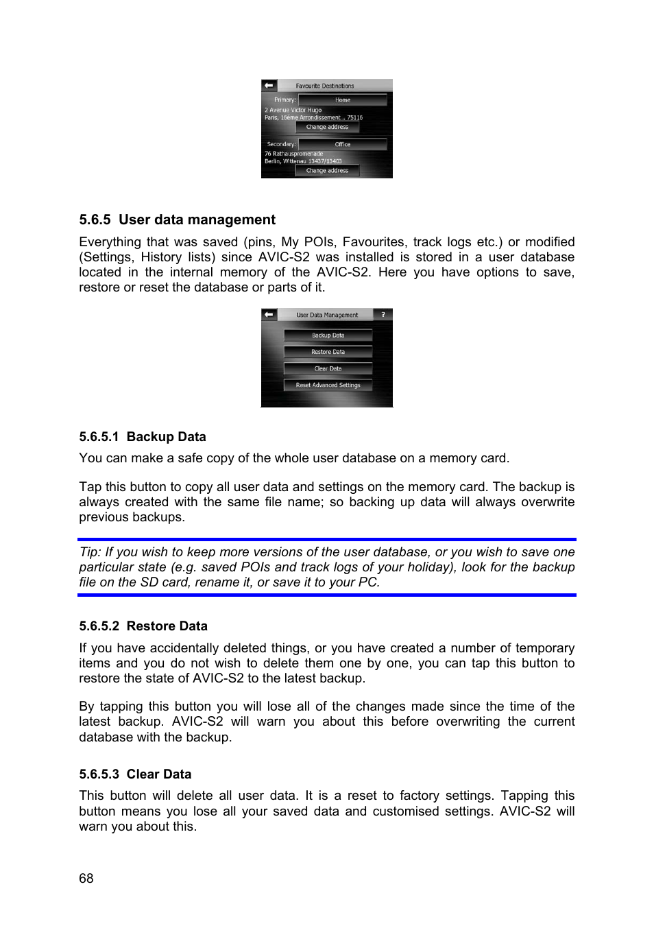 User data management, Backup data, Restore data | Clear data, 5 user, Data, Management | Pioneer AVIC-S2 RU User Manual | Page 68 / 84