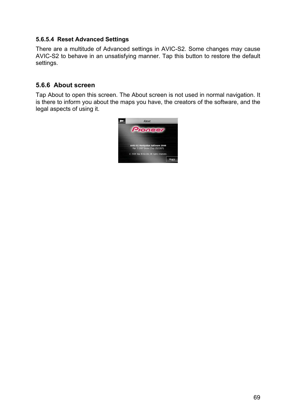 Reset advanced settings, About screen, 4 reset | Advanced settings, 6 about, Screen | Pioneer AVIC-S2 RU User Manual | Page 69 / 84