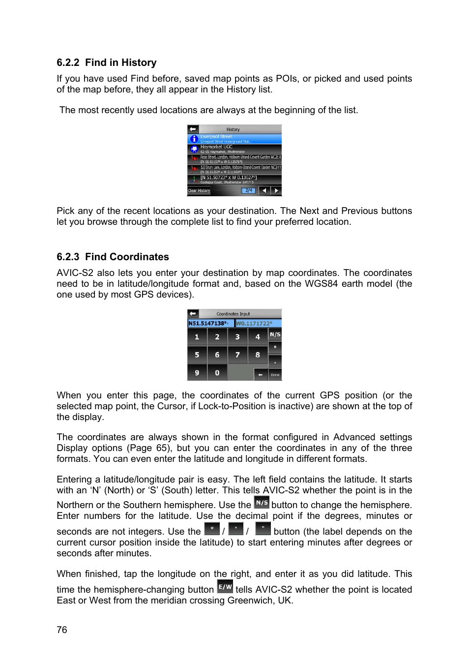 Find in history, Find coordinates, 2 find | History, 3 find, Coordinates, 76) later. there they are shown together | Pioneer AVIC-S2 RU User Manual | Page 76 / 84