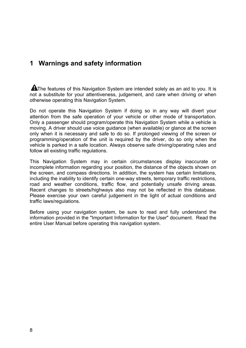 Warnings and safety information, 1 warnings and safety information | Pioneer AVIC-S2 RU User Manual | Page 8 / 84