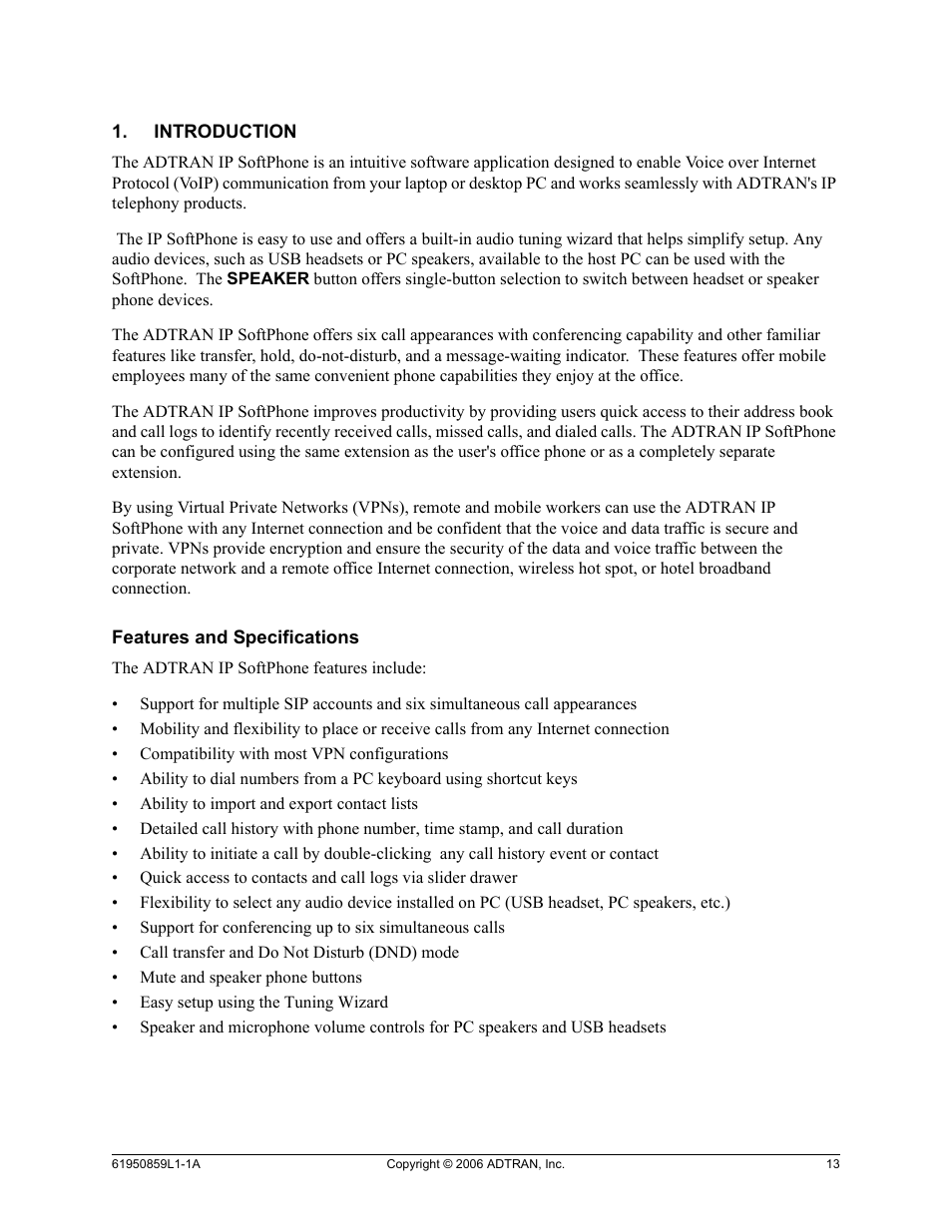Introduction, Features and specifications | ADTRAN 1950859L1 User Manual | Page 13 / 52