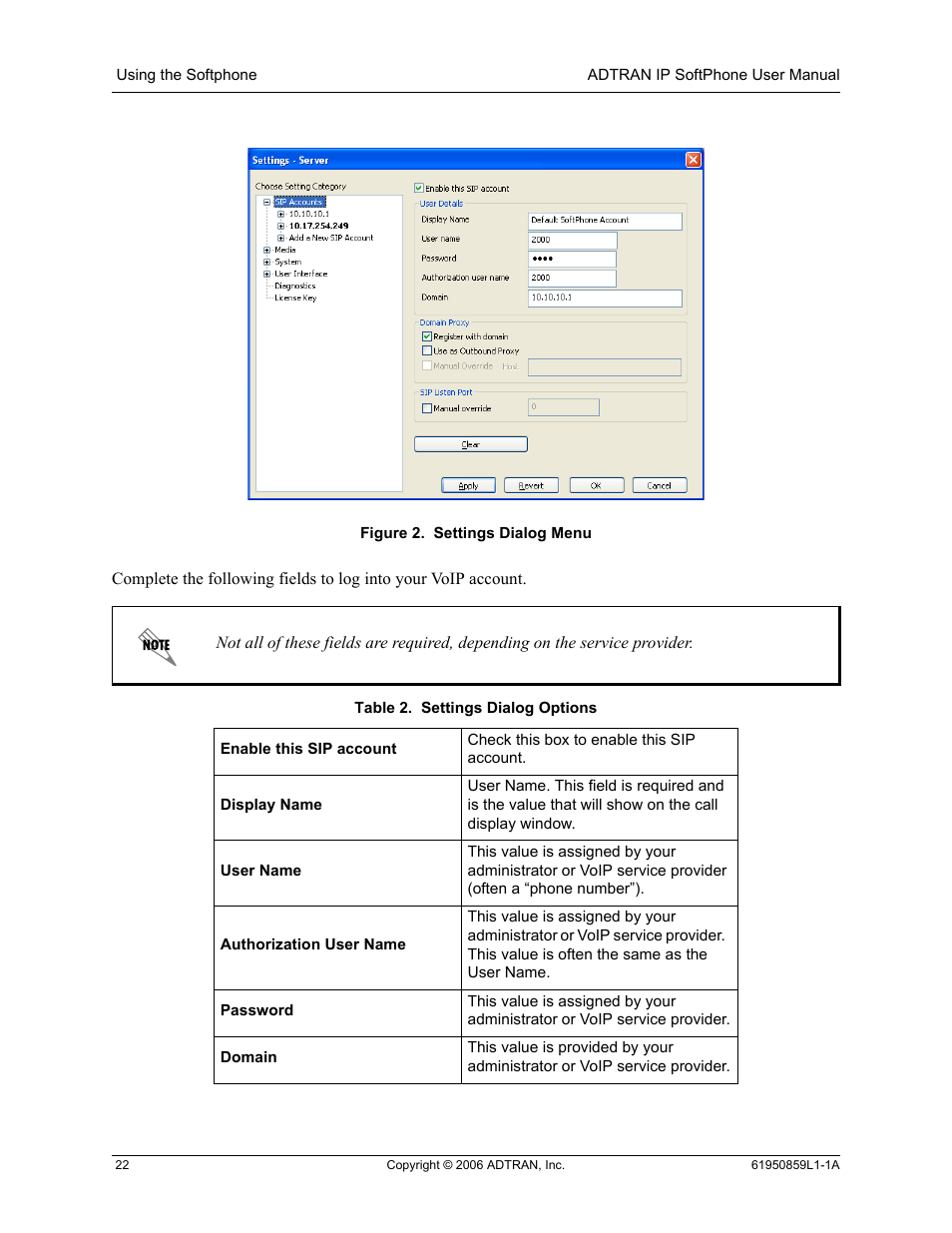 Figure 2, Settings dialog menu, Table 2 | Settings dialog options, Figure 2 shows t | ADTRAN 1950859L1 User Manual | Page 22 / 52
