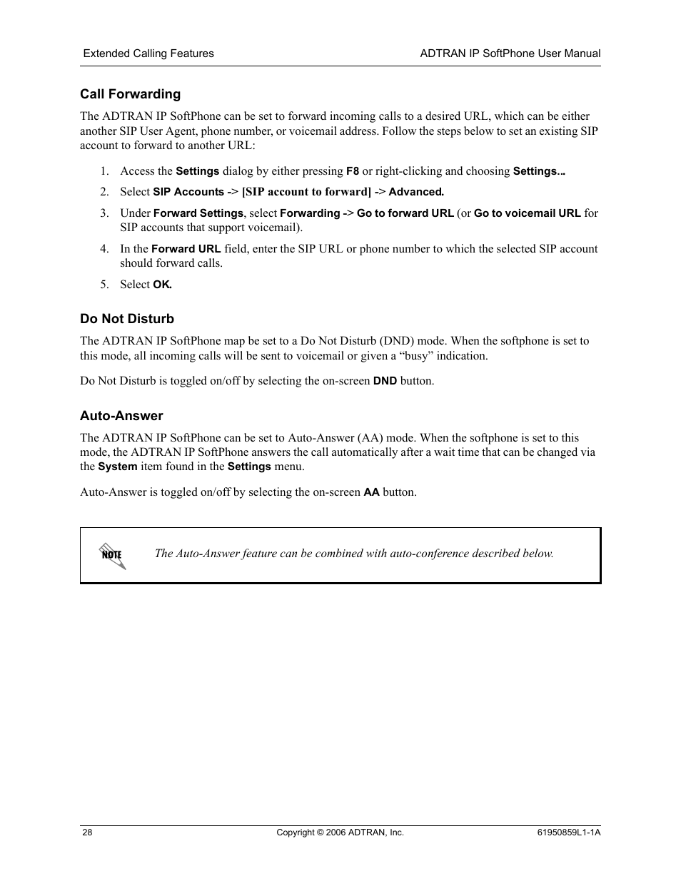 Call forwarding, Do not disturb, Auto-answer | Call forwarding do not disturb auto-answer | ADTRAN 1950859L1 User Manual | Page 28 / 52